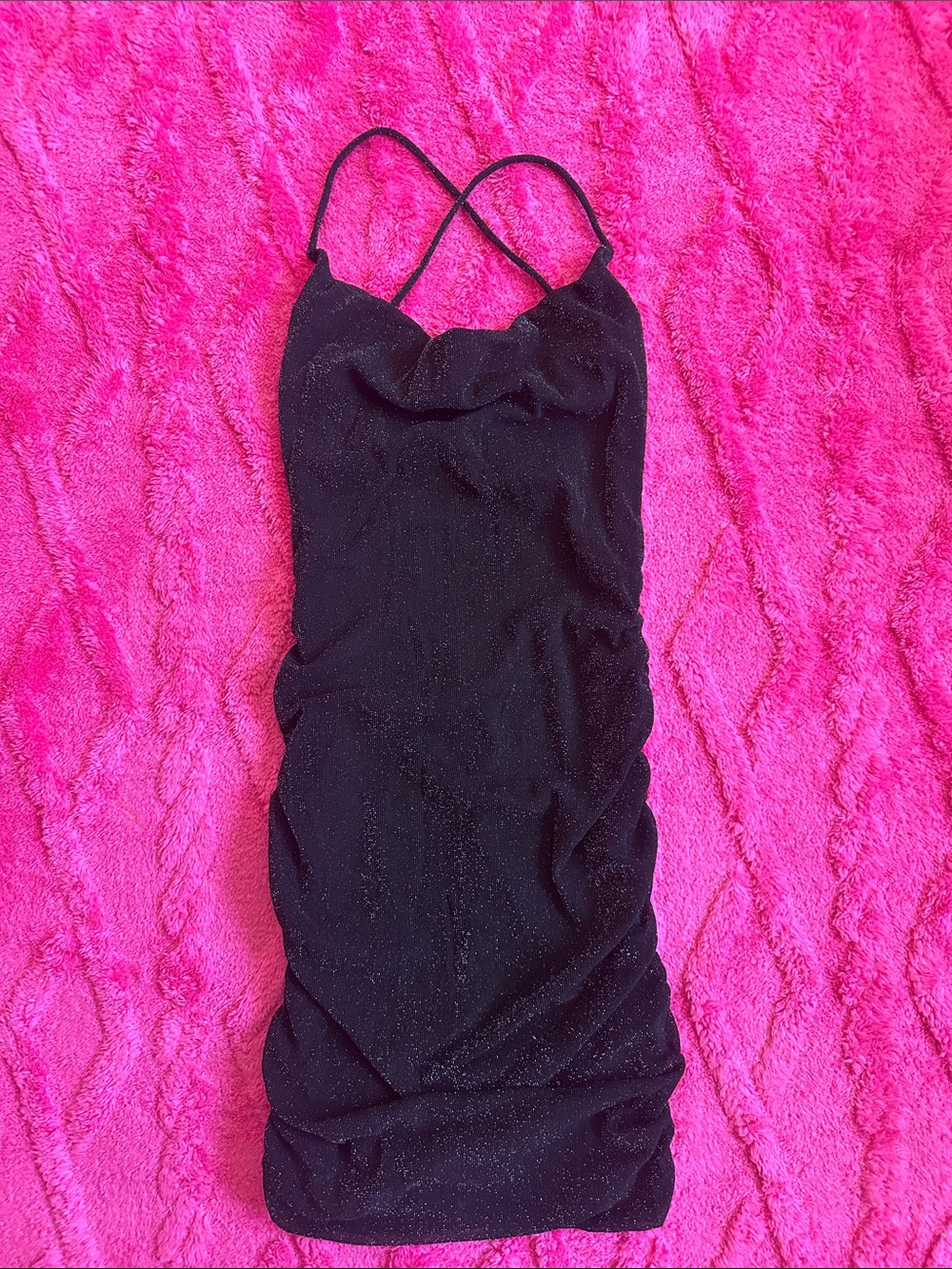 Black Sparkle Cowl Neck rucched Dress